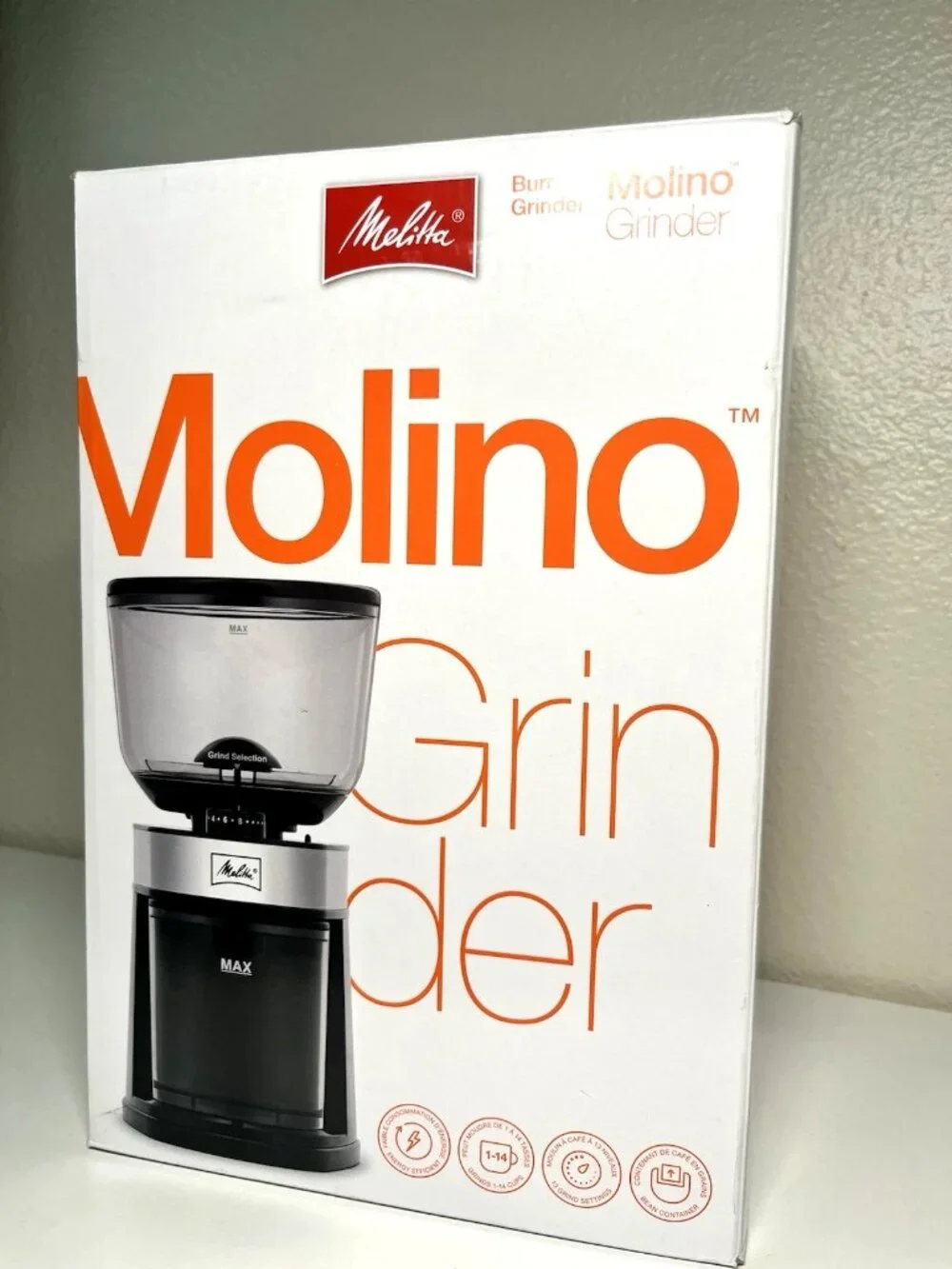 Melitta Molino Burr Coffee Grinder – 8 oz Capacity, 13 Griding Settings -New